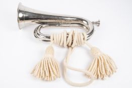 A good silver plated Infantry bugle, with white worsted cords. VGC £50-75