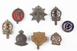 Seven WWI Volunteer Training Corps cap badges: Somerset County Vol. Regt; United Arts Vols Rifles,