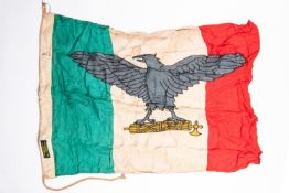 A WWII Italian flag, 32" x 24", printed with eagle and fasces logo, label on edge marked "Repubblica