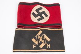 A Third Reich party armband, with applique design and braided edging; also a printed black SS arm