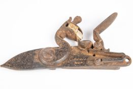 A late 18th century detached lock from a flintlock gun, plate 5¾" signed "Chance & Co", with swan
