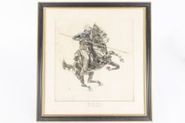 A spirited black and white watercolour study of a Boer War Lancer attacking on his rearing mount,