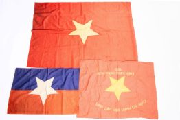 3 Vietcong flags, 28" x 20" with embroidery and applique; 24" x 16" white applique star on red and