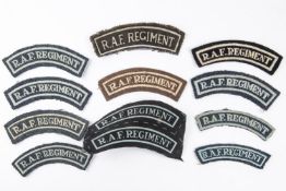 RAF Regiment cloth shoulder titles, mostly WWII including 3 printed. (11). £70-100
