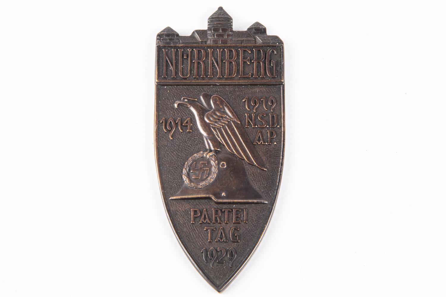 A Third Reich Nuremburg badge of Honour 1929, non portable award, original case and in bronze with - Image 3 of 4