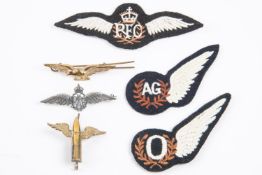 RAF sweetheart brooch in silver, RAF brass badge, 3 cloth wings and AG brass badge, latter copies (