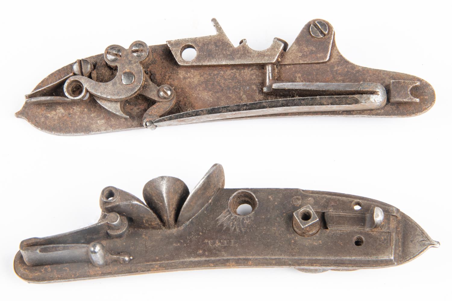 Two incomplete detached left hand locks from flintlock sporting guns, c 1820, one with safety bolt - Image 2 of 2