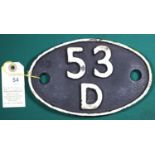 Locomotive shedplate 53D Bridlington 1950-1958. Cast iron plate in good, believed to be unrestored