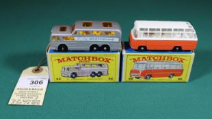 2 Matchbox Series. No.66 Greyhound Coach. In silver with amber glazing, with black plastic wheels.