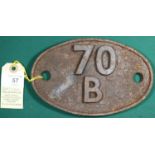 Locomotive shedplate 70B Feltham 1950-1970. Cast iron plate in quite good condition, paint stripped.