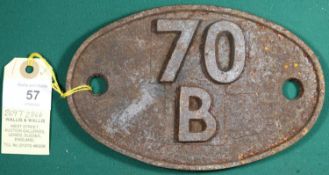 Locomotive shedplate 70B Feltham 1950-1970. Cast iron plate in quite good condition, paint stripped.