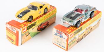2 Corgi Toys Whizzwheels. Customised Chevrolet Corvette Sting Ray (376) In metallic blue. Marcos 3-