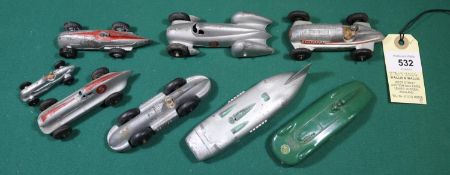 8x Dinky Toys 23 Series land speed record and racing cars. 23p MG Record car. 23d Auto Union. Midget