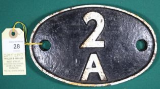 Locomotive shedplate 2A Rugby 1948-1963, with sub-sheds Market Harborough to 1955, Seaton to 1960.