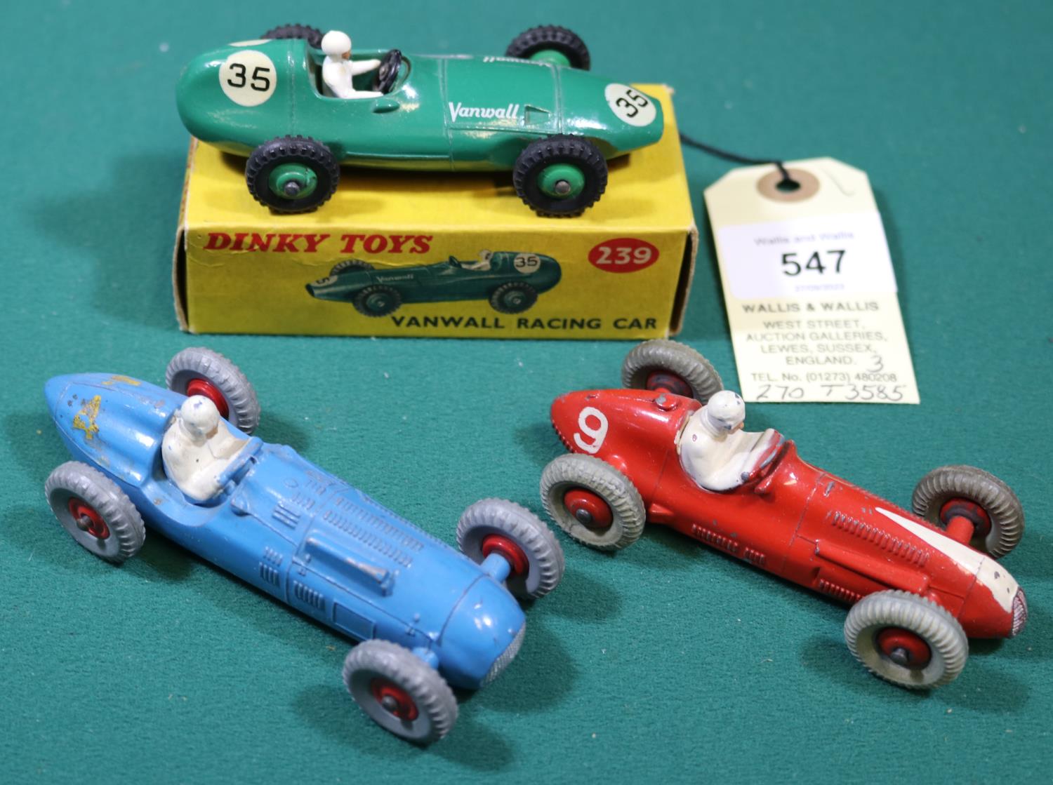 3 Dinky Toys. Vanwall Racing Car (329). In British Racing Green with green wheels and white driver