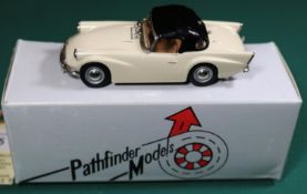 Pathfinder Models 1962 Daimler SP250. In cream with a light brown interior and with a black roof,