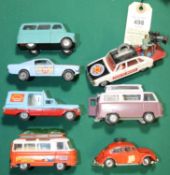 7x Corgi Toys. Commer Bus, Holiday Camp Special. Ford Thames Airborne Caravan. Chevrolet Impala,