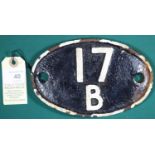 Locomotive shedplate 17B Burton-on-Trent 1950-1963 with a sub shed of Horninglow to 1960. Cast