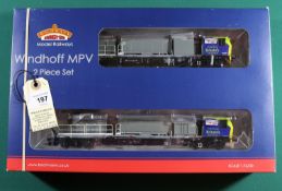 A Bachmann 'OO' gauge Windhoff MPV 2-piece set. A Track Maintenance Unit in Network Rail blue, green