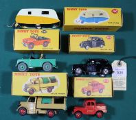5x Dinky Toys. Caravan (190) in yellow and cream. Refuse Wagon (252). Mersey Tunnel Police van (