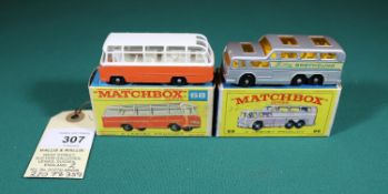 2 Matchbox Series. No.66 Greyhound Coach. In silver with amber glazing, with black plastic wheels.