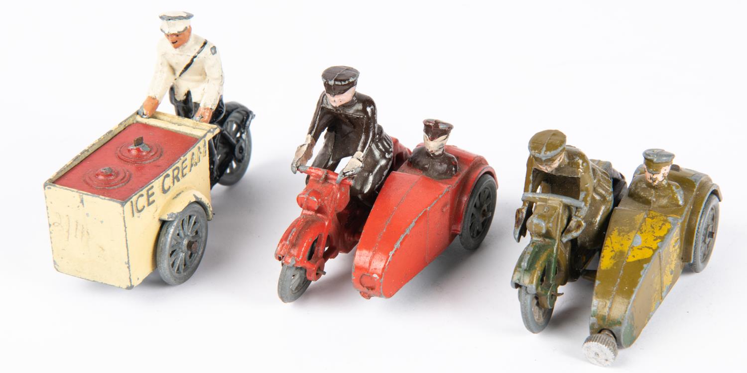 3 British Eebee Toys die cast motorcycle toys. Ice cream seller, dressed in white coat and hat