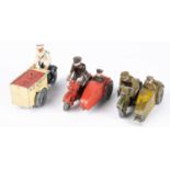 3 British Eebee Toys die cast motorcycle toys. Ice cream seller, dressed in white coat and hat