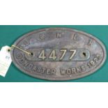 An LNER Locomotive oval brass worksplate from a Gresley Class A1/A3 4-6-2, 4477 Gay Crusader. 4477