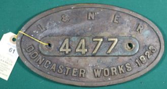 An LNER Locomotive oval brass worksplate from a Gresley Class A1/A3 4-6-2, 4477 Gay Crusader. 4477