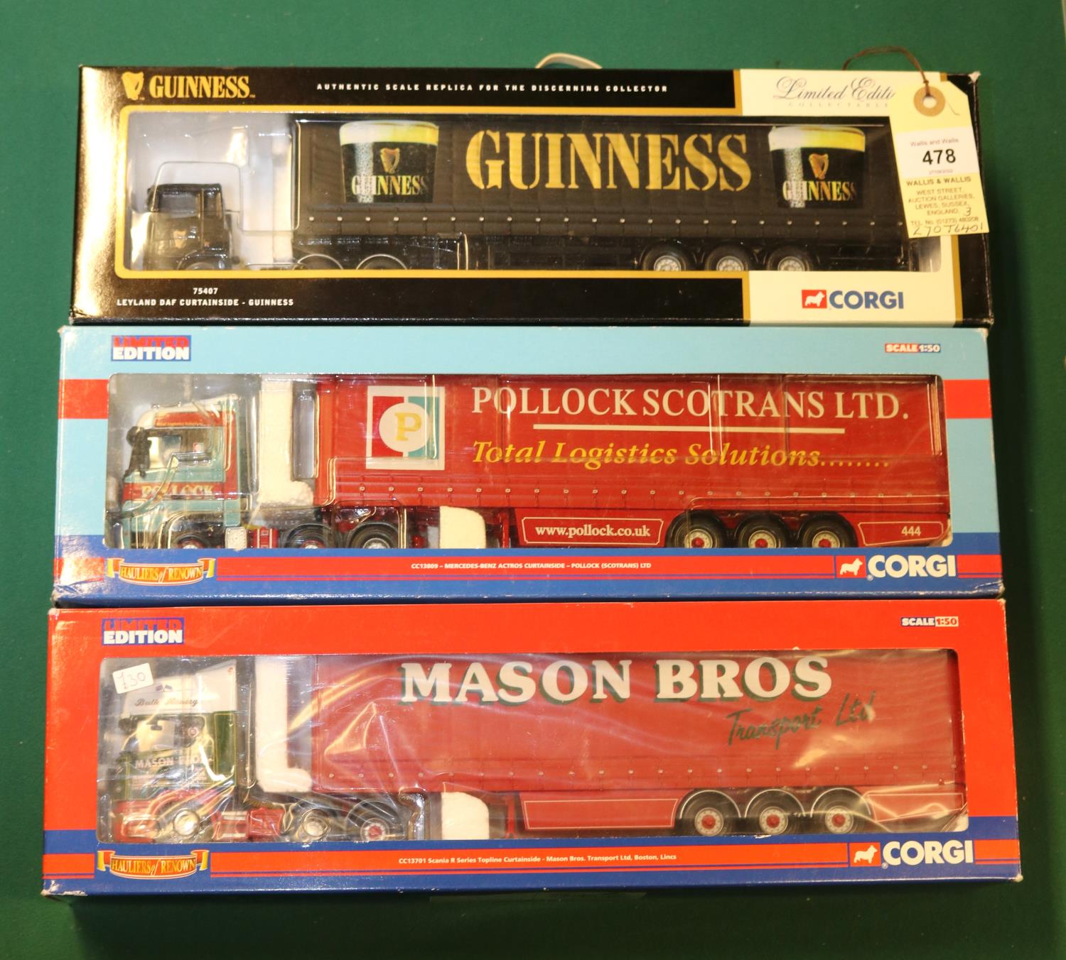 3 Corgi Trucks. 2x Hauliers of Renown Series. Scania R Series Topline Curtainside, Mason Bros,