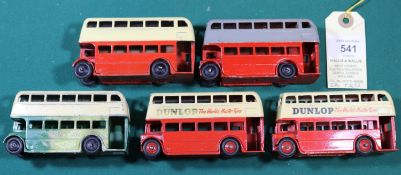 5 Dinky Toys Double Deck Buses. 3 AEC examples and 2 Leylands with Dunlop advertising. Green & Red