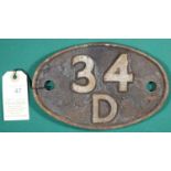 Locomotive shedplate 34D Hitchin 1950-1973. Cast iron plate in quite good condition, surface rust
