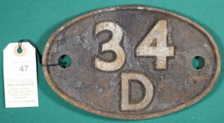 Locomotive shedplate 34D Hitchin 1950-1973. Cast iron plate in quite good condition, surface rust