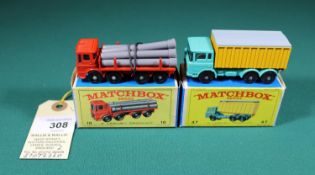 2 Matchbox Series. No.10 Leyland Pipe Truck. Red body with grey plastic pipes, black plastic wheels.