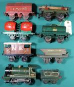 7x Hornby Series O gauge items. No.1 (early body) clockwork GWR 0-4-0 tender locomotive, 2449,