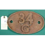 Locomotive shedplate 34G Finsbury Park 1960-1973 with a sub shed of Hornsey 1961-1971. Cast iron