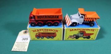 2 Matchbox Series. No.16 Scammell Snow Plough. In light grey with orange rear tipping body. Plus a