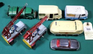 7x French Dinky Toys for restoration. Including; 2x Grue Salev. Ford refuse wagon. Panhard 24.