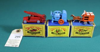 Matchbox Moko Lesney No.3 Cement mixer, blue body with orange metal wheels, No.9 Fire Engine, with