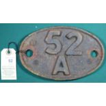 Locomotive shedplate 52A Gateshead 1950-1973. Cast iron plate in quite good condition, surface