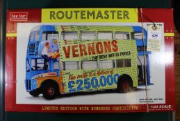 A Sun Star 1:24 scale London Transport Routemaster in blue Vernon's Pools livery. RM686, WLT 686.