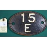 Locomotive shedplate 15E Leicester Great Central 1958-1963, then Coalville 1963-65. Cast iron