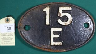 Locomotive shedplate 15E Leicester Great Central 1958-1963, then Coalville 1963-65. Cast iron