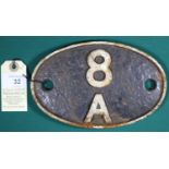 Locomotive shedplate 8A Liverpool Edge Hill 1950-1968. Cast iron plate in quite good, believed to be
