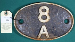 Locomotive shedplate 8A Liverpool Edge Hill 1950-1968. Cast iron plate in quite good, believed to be