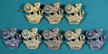 8x British Railways lion and wheel over crown cap badges. 6x brass examples and 2x chrome