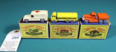 Matchbox Moko Lesney, No.11 petrol tanker in yellow with small metal wheels, No.15 Prime mover in