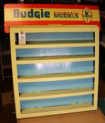 Budgie model U.S.A. card shop display stand with 5 compartments in yellow and blue card, still