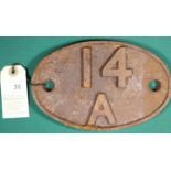 Locomotive shedplate 14A Cricklewood 1950-1963. Cast iron plate in quite good, believed to be