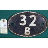 Locomotive shedplate 32B Ipswich 1950-1968, with sub sheds Aldeburgh to 1956, Felixstowe to 1959,